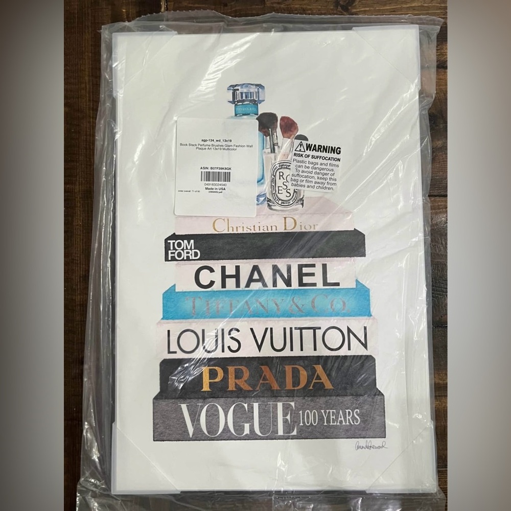Book Stack Perfume Brushes Glam Fashion Watercolor Wall Plaque, 13x19